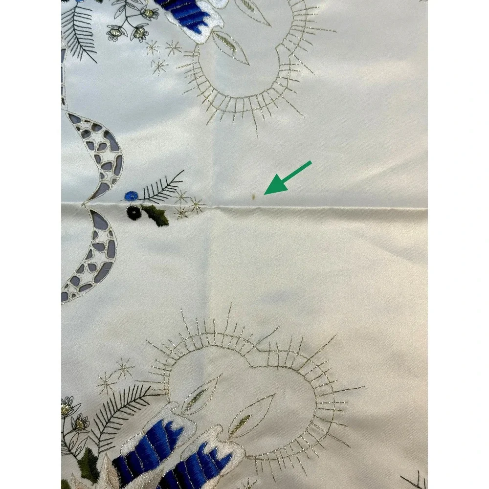Vintage Embroidered Square Christmas Satin‎ Table Topper White & Blue Cottage